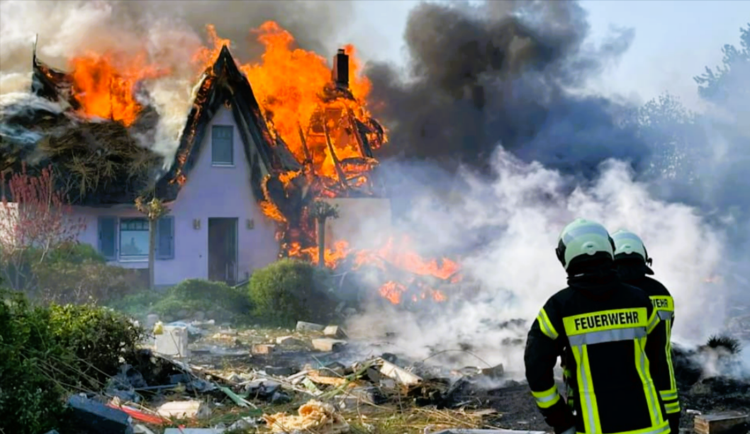Explosion auf Rügen - mehrere Ferienhäuser stehen in Flammen! Flammeninferno tobt über die Insel!